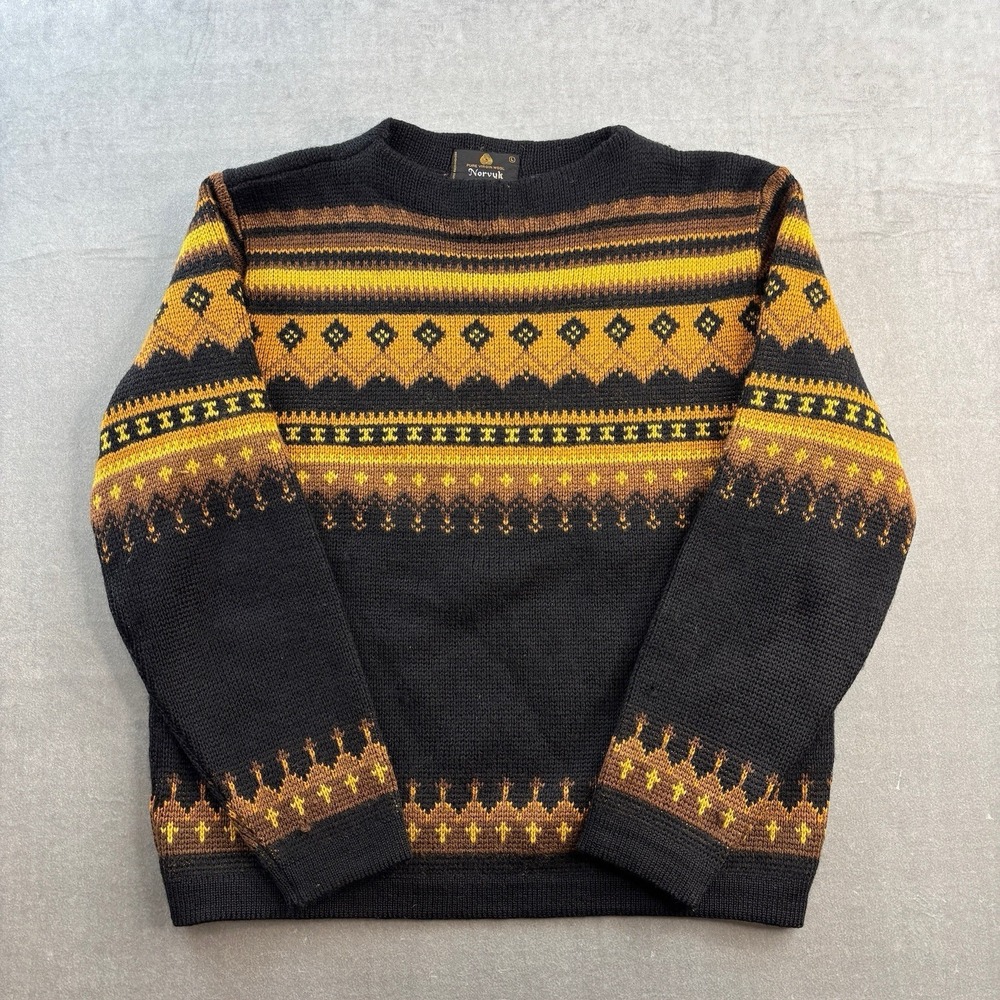 Vintage Norvyk Pure Virgin Wool Knit Sweater‎ Black Yellow Men's L